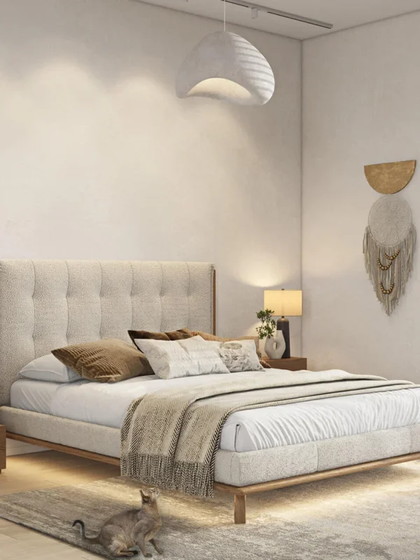 Μασίφ κρεβάτι Ascott Letto με ύφασμα και φυσικό ξύλο για ζεστή αίσθηση στον χώρο ύπνου"