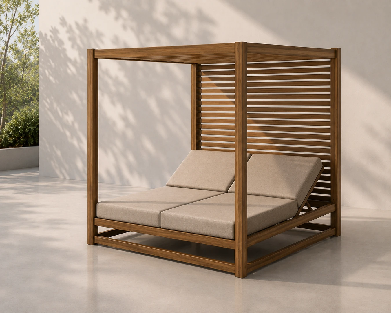 Εκθεσιακό daybed παραλίας με πέργκολα σκίασης – ξύλινη ξαπλώστρα εξωτερικού χώρου με premium αισθητική