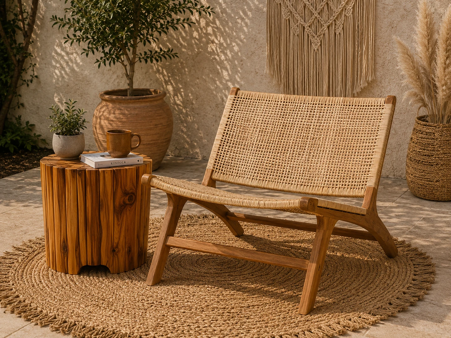 Πολυθρόνα lounge από ξύλο teak με πλεκτή πλάτη και κάθισμα από συνθετικό rattan, σε φυσική μπεζ απόχρωση, κατάλληλη για εσωτερικούς και εξωτερικούς χώρους.
