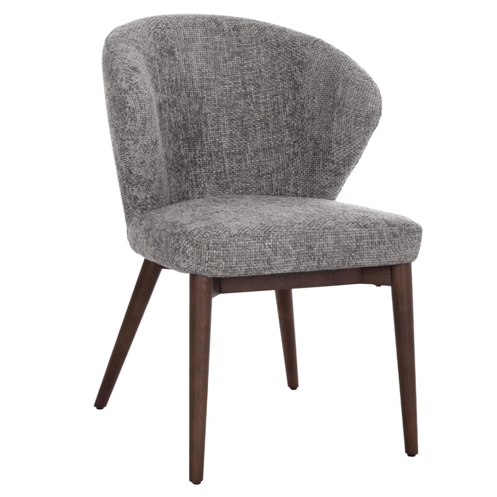 Στρογγυλή τραπεζαρία με μοντέρνα ξύλινη βάση και τέσσερις γκρι υφασμάτινες καρέκλες σε σύγχρονο χώρο