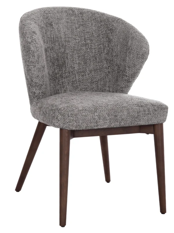 Στρογγυλή τραπεζαρία με μοντέρνα ξύλινη βάση και τέσσερις γκρι υφασμάτινες καρέκλες σε σύγχρονο χώρο