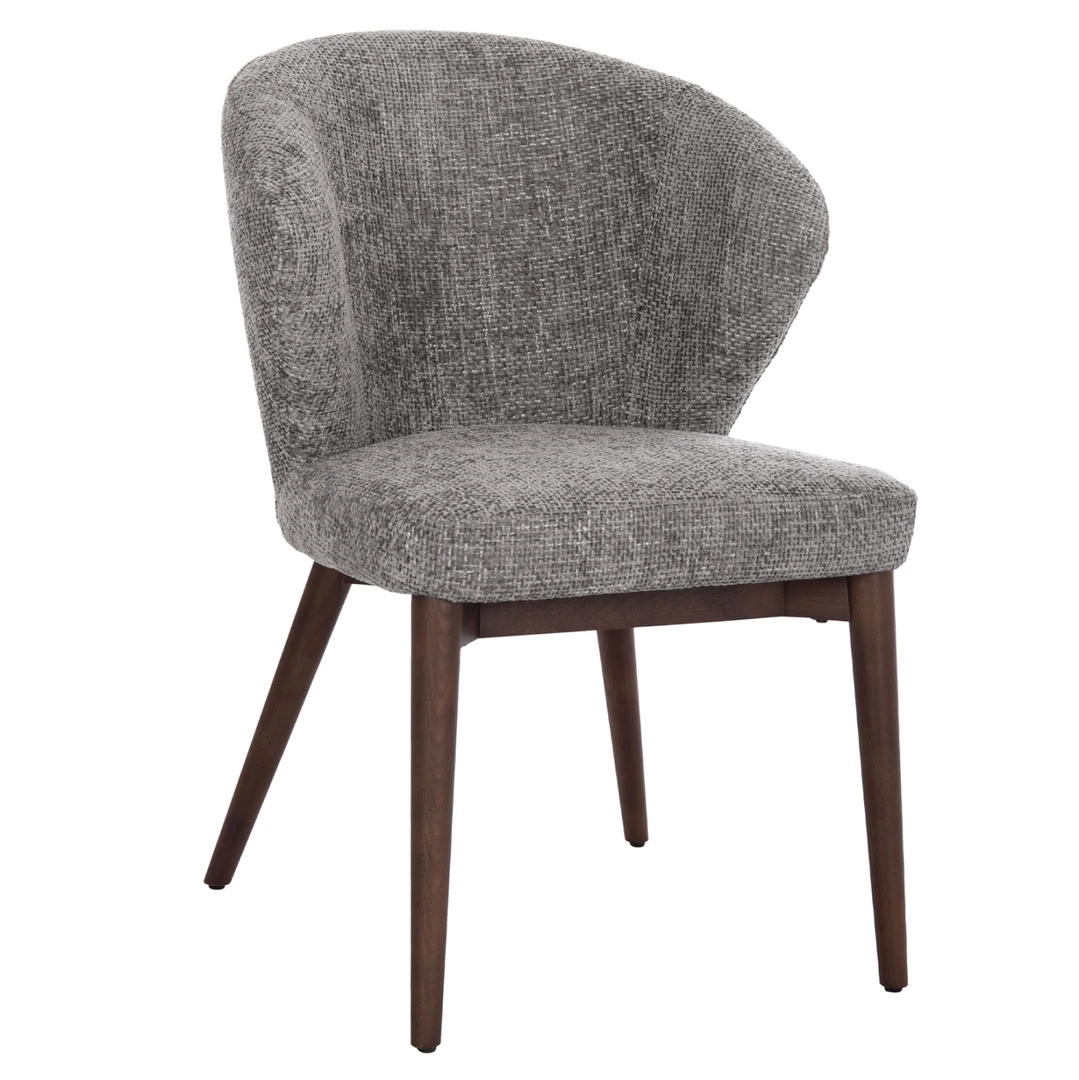 Στρογγυλή τραπεζαρία με μοντέρνα ξύλινη βάση και τέσσερις γκρι υφασμάτινες καρέκλες σε σύγχρονο χώρο