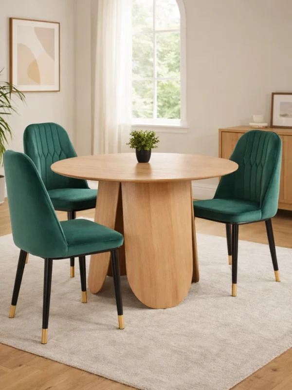 Στρογγυλό ξύλινο τραπέζι τραπεζαρίας με πράσινες βελούδινες καρέκλες σε μοντέρνο χώρο