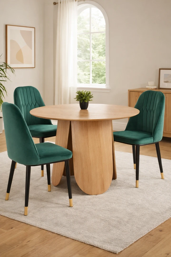 Στρογγυλό ξύλινο τραπέζι τραπεζαρίας με πράσινες βελούδινες καρέκλες σε μοντέρνο χώρο