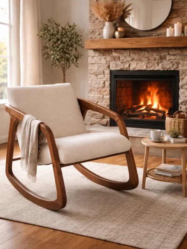 Ξύλινη πολυθρόνα με καμπύλη βάση και μπεζ υφασμάτινο κάθισμα σε φωτεινό, ζεστό σαλόνι