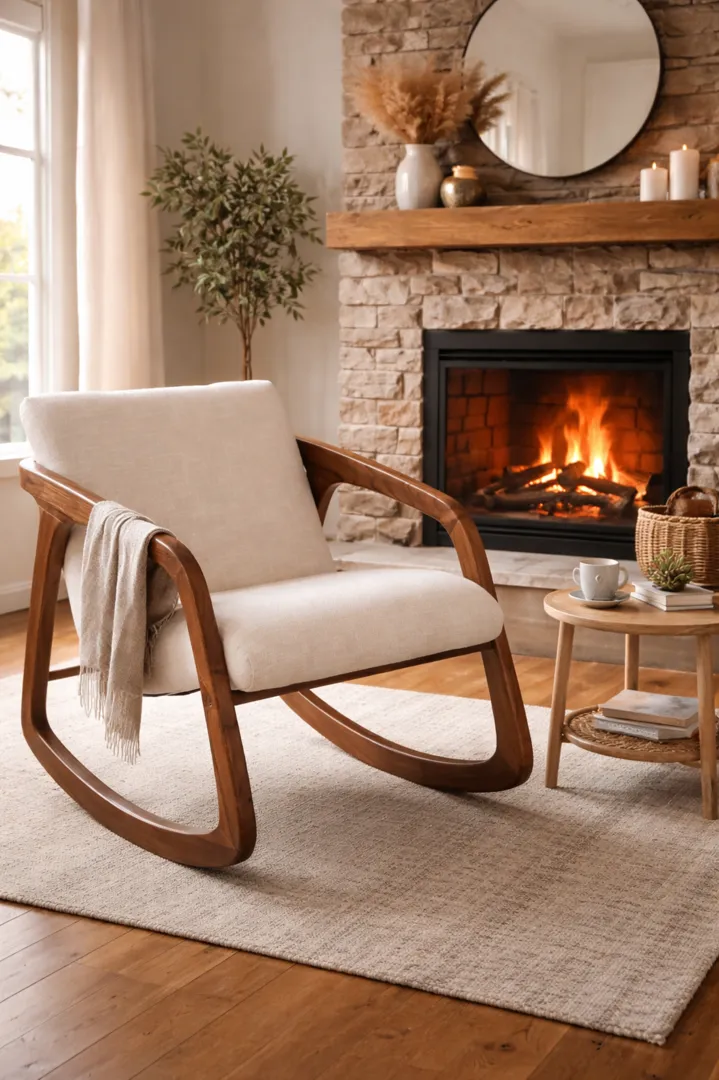 Ξύλινη πολυθρόνα με καμπύλη βάση και μπεζ υφασμάτινο κάθισμα σε φωτεινό, ζεστό σαλόνι