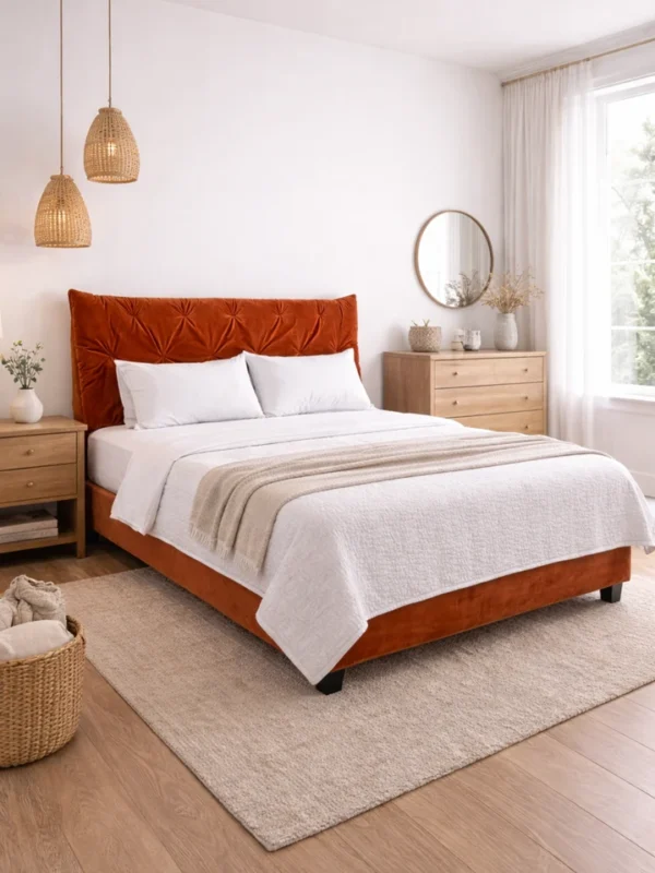 Υφασμάτινο κρεβάτι Pillow 160×200 με καπιτονέ κεφαλάρι σε τερακότα χρώμα, τοποθετημένο σε φωτεινό μοντέρνο υπνοδωμάτιο.