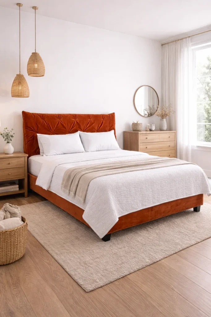 Υφασμάτινο κρεβάτι Pillow 160×200 με καπιτονέ κεφαλάρι σε τερακότα χρώμα, τοποθετημένο σε φωτεινό μοντέρνο υπνοδωμάτιο.