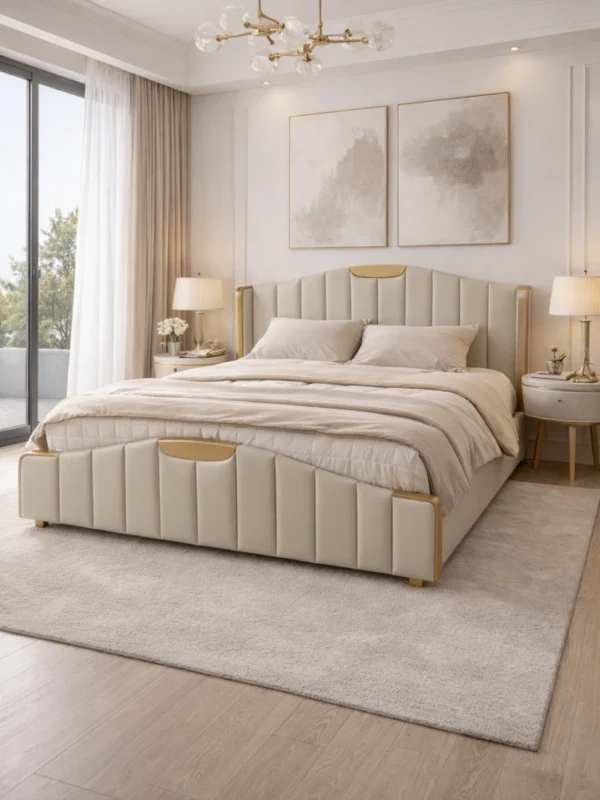 Luxury δερμάτινο κρεβάτι 180×200 με επενδυμένο κεφαλάρι και χειροποίητες χρυσές λεπτομέρειες, μοναδικό bespoke κομμάτι.