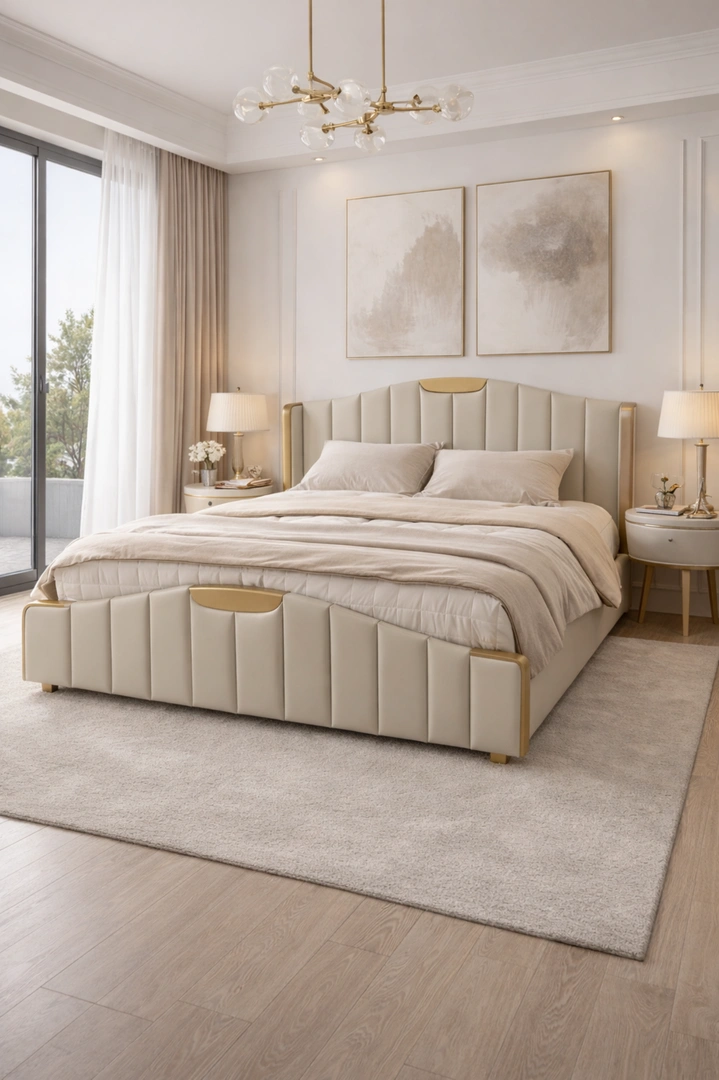 Luxury δερμάτινο κρεβάτι 180×200 με επενδυμένο κεφαλάρι και χειροποίητες χρυσές λεπτομέρειες, μοναδικό bespoke κομμάτι.