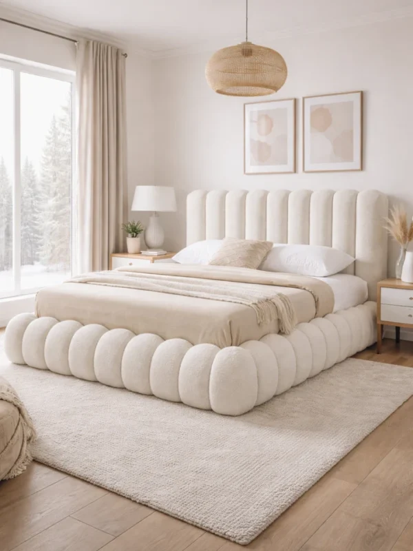 Bubble κρεβάτι με bouclé υφασμάτινη επένδυση και στρογγυλεμένο κεφαλάρι