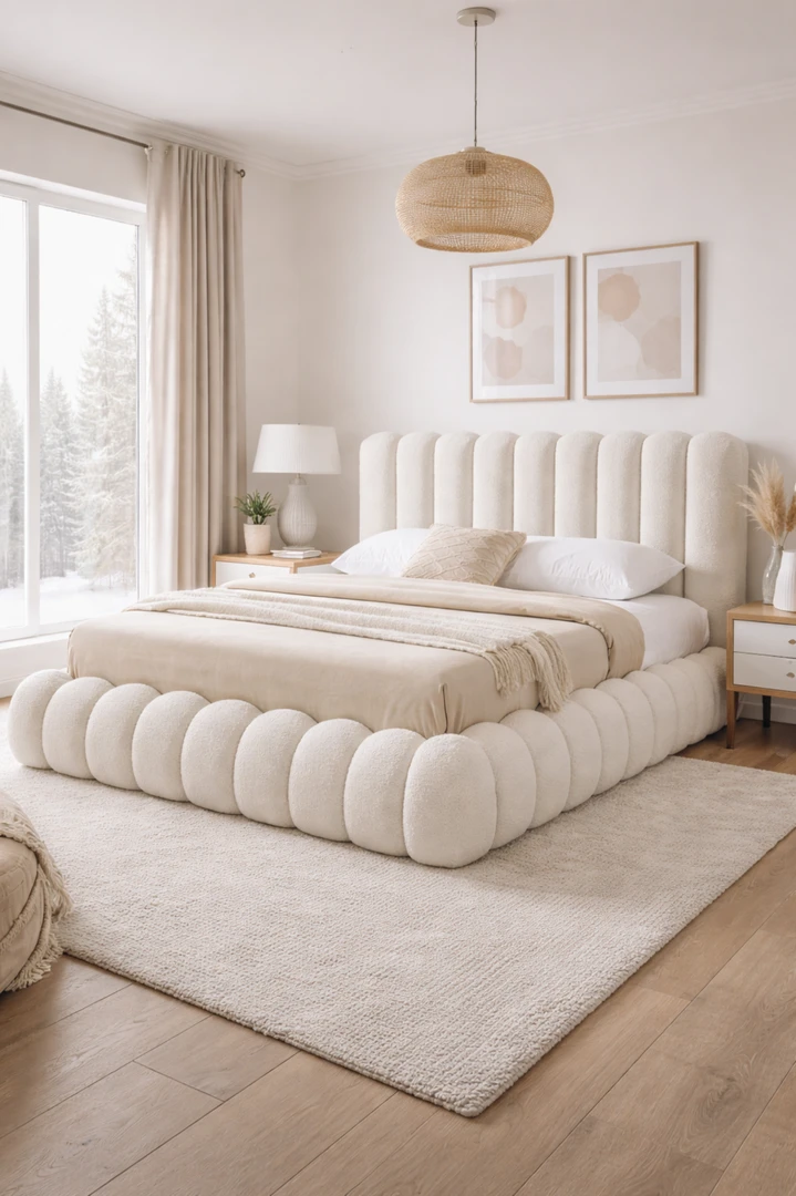 Bubble κρεβάτι με bouclé υφασμάτινη επένδυση και στρογγυλεμένο κεφαλάρι