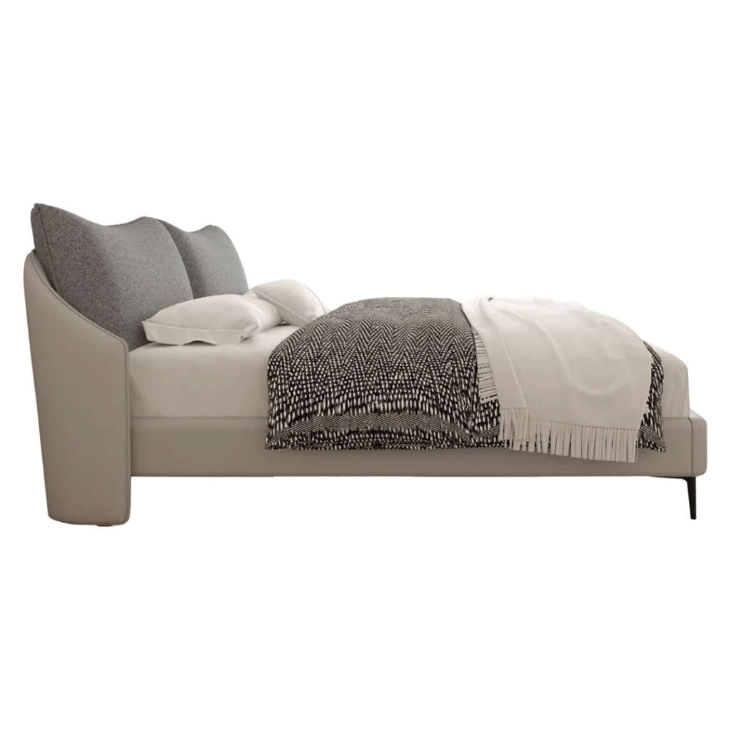 Μοντέρνο υπνοδωμάτιο με διπλό κρεβάτι, ουδέτερους τόνους και φυσικό φως από μεγάλο παράθυρο.