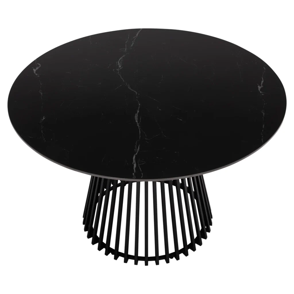 Στρογγυλό μαύρο τραπέζι τραπεζαρίας με επιφάνεια μαρμάρου και μεταλλική βάση