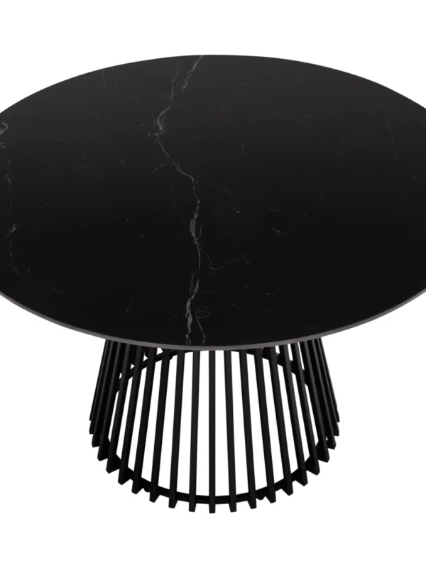 Στρογγυλό μαύρο τραπέζι τραπεζαρίας με επιφάνεια μαρμάρου και μεταλλική βάση