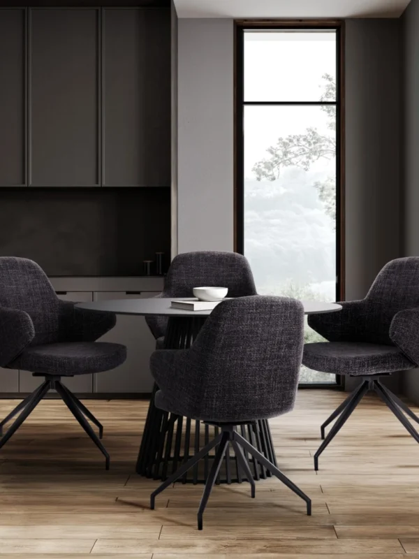 Στρογγυλό μαύρο τραπέζι τραπεζαρίας με επιφάνεια μαρμάρου και μεταλλική βάση