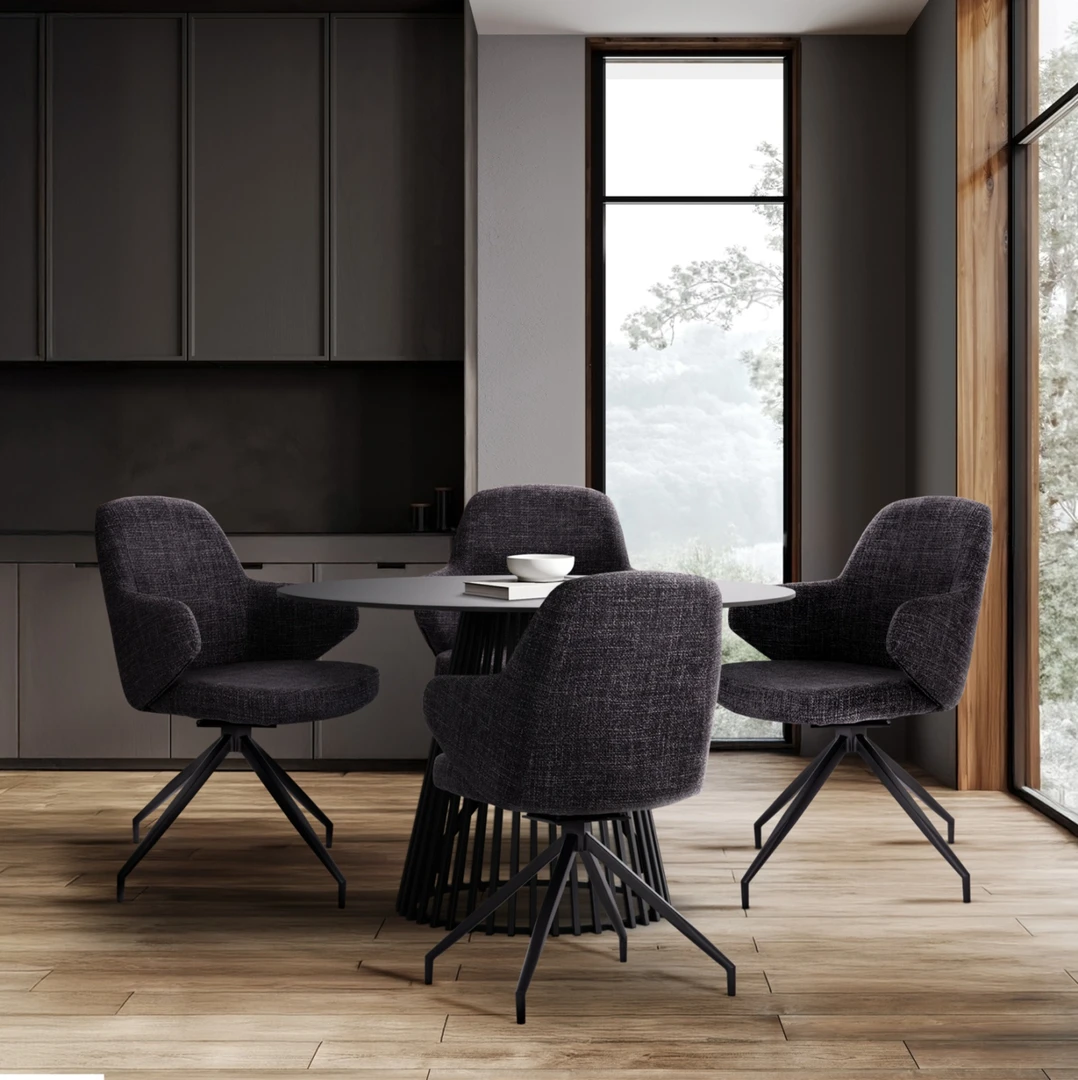 Στρογγυλό μαύρο τραπέζι τραπεζαρίας με επιφάνεια μαρμάρου και μεταλλική βάση