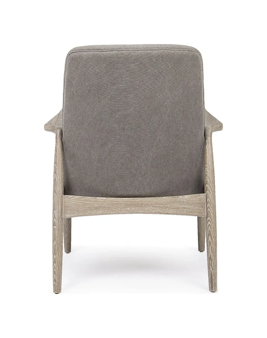 Γκρι πολυθρόνα lounge με ξύλινο σκελετό σε φυσική απόχρωση και μαύρο δερμάτινο κάθισμα, μπροστινή όψη.