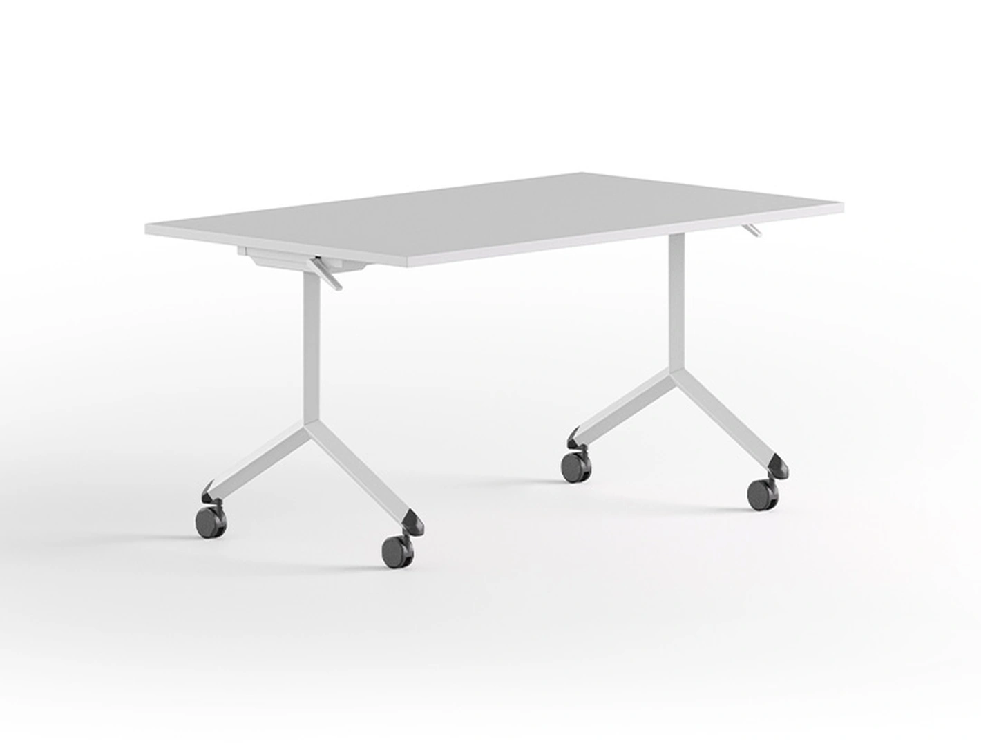 Μαύρο αναδιπλούμενο τραπέζι γραφείου με ρόδες και μεταλλική βάση.