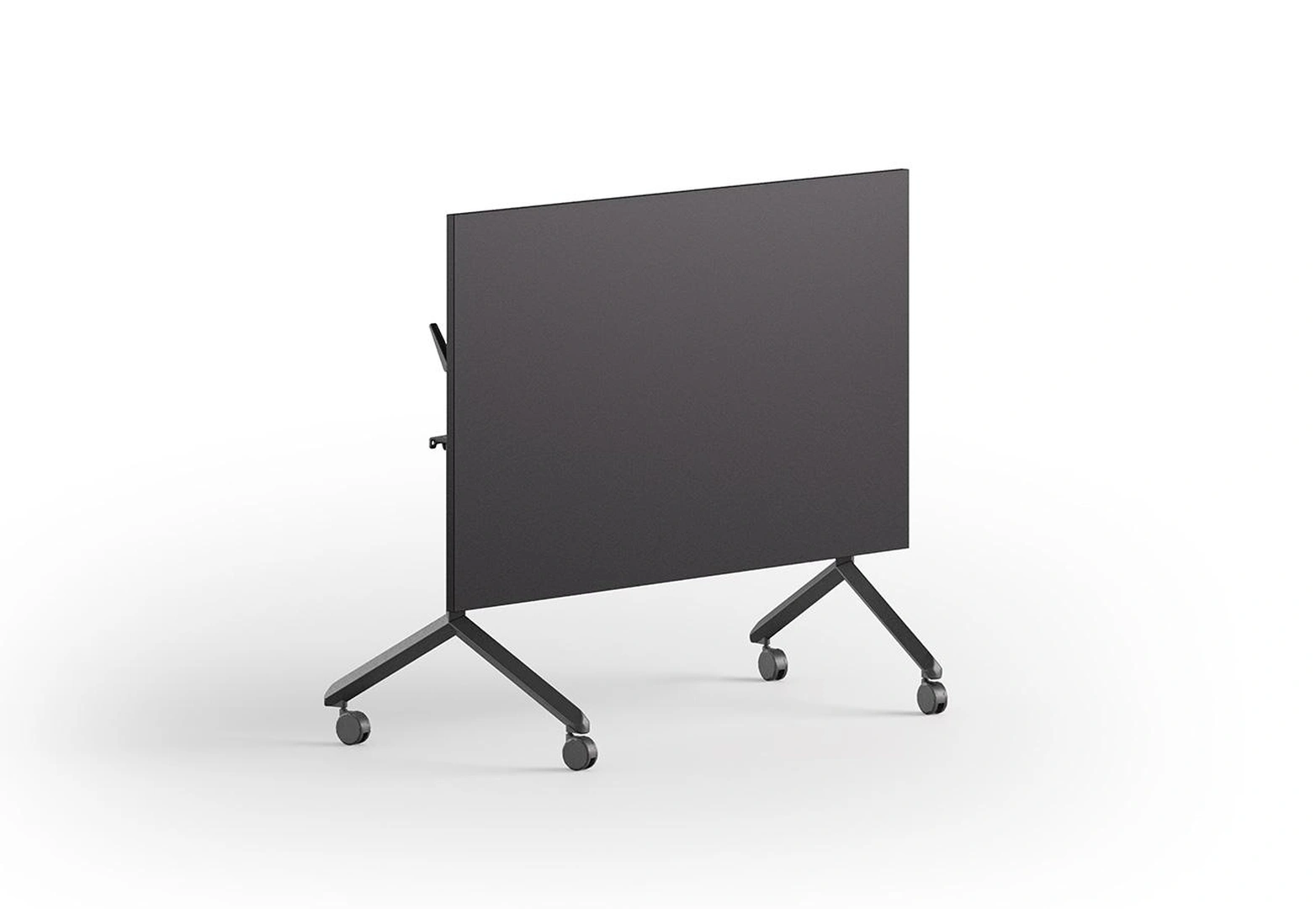 Μαύρο αναδιπλούμενο τραπέζι γραφείου με ρόδες και μεταλλική βάση.