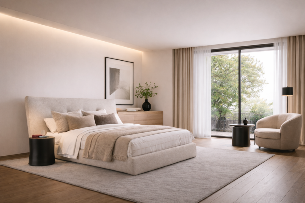 Κρεβάτι ANZIO ελληνικής κατασκευής με επενδεδυμένο κεφαλάρι και αποθηκευτικό χώρο, σε μοντέρνο υπνοδωμάτιο με ουδέτερους τόνους.