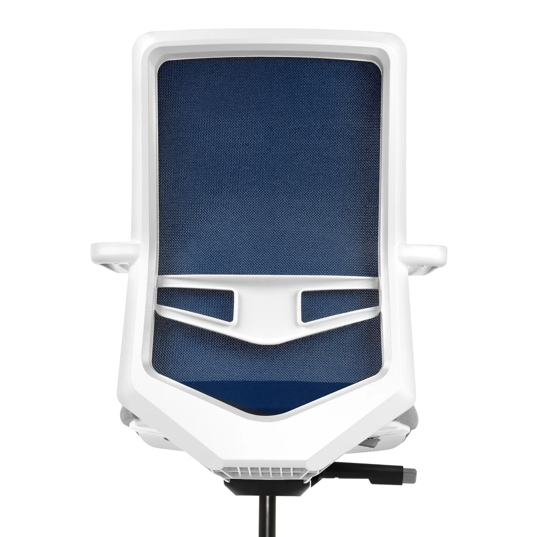 Εργονομική καρέκλα γραφείου με μαύρη διχτυωτή πλάτη και προσκέφαλο, πορτοκαλί κάθισμα και μεταλλική πεντάκτινη βάση με ροδάκια, σε λευκό φόντο.