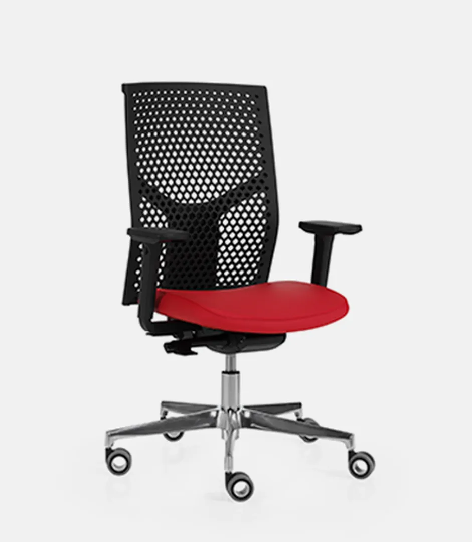 Καρέκλα Γραφείου Atika 24 Εργονομική καρέκλα γραφείου με μαύρη διάτρητη πλάτη και κόκκινο κάθισμα σε βάση με ροδάκια