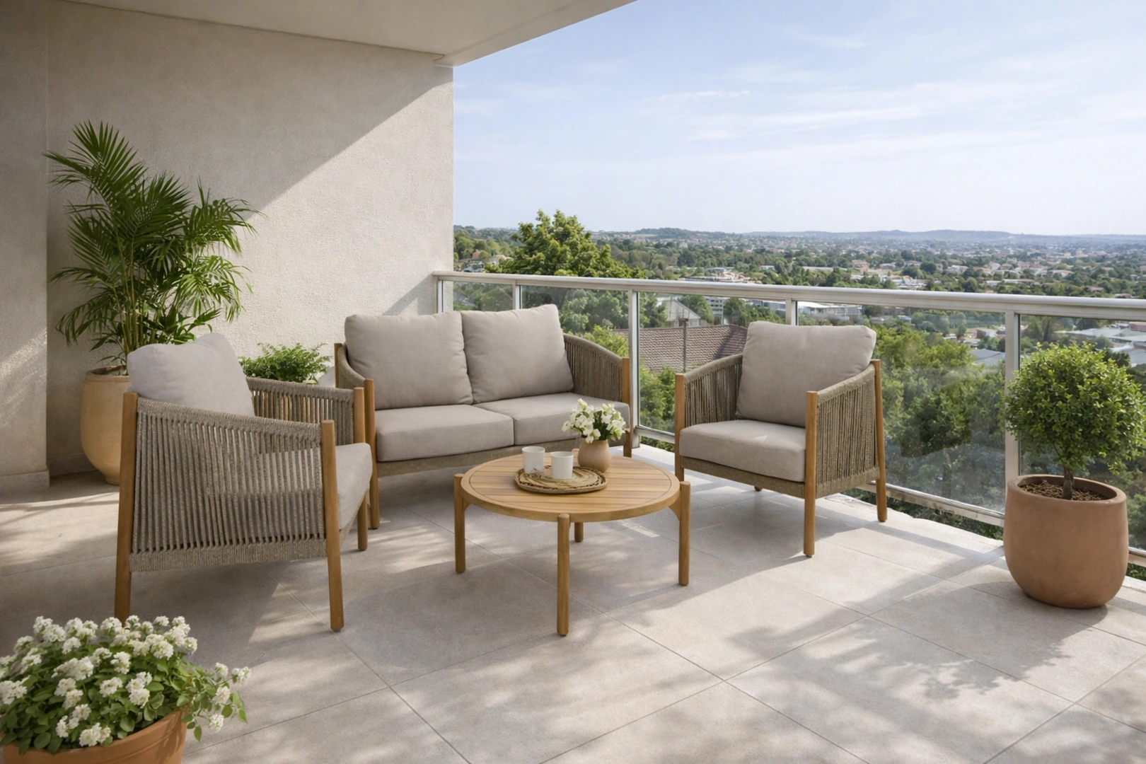 Σαλόνι εξωτερικού χώρου από ξύλο teak και σχοινί σε μπαλκόνι, με διθέσιο καναπέ, πολυθρόνες, τραπεζάκι και μπεζ μαξιλάρια.