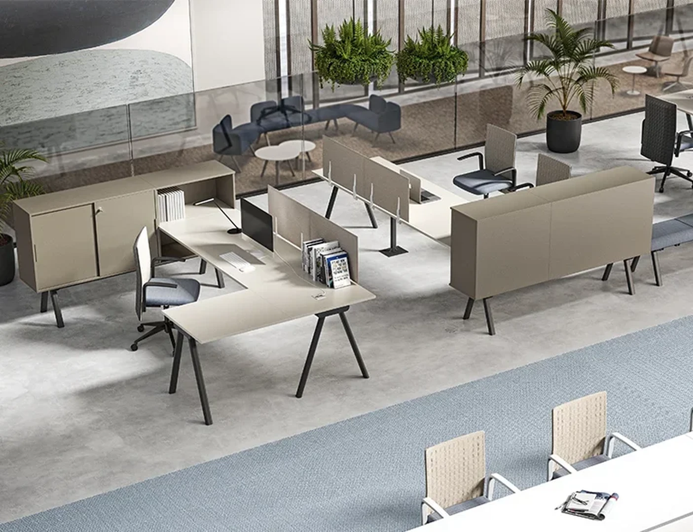 Γραφείο Workstation 2027 Μοντέρνο γραφείο με λευκή επιφάνεια και πράσινη μονάδα αποθήκευσης με ντουλάπι και ράφια σε λευκό φόντο.