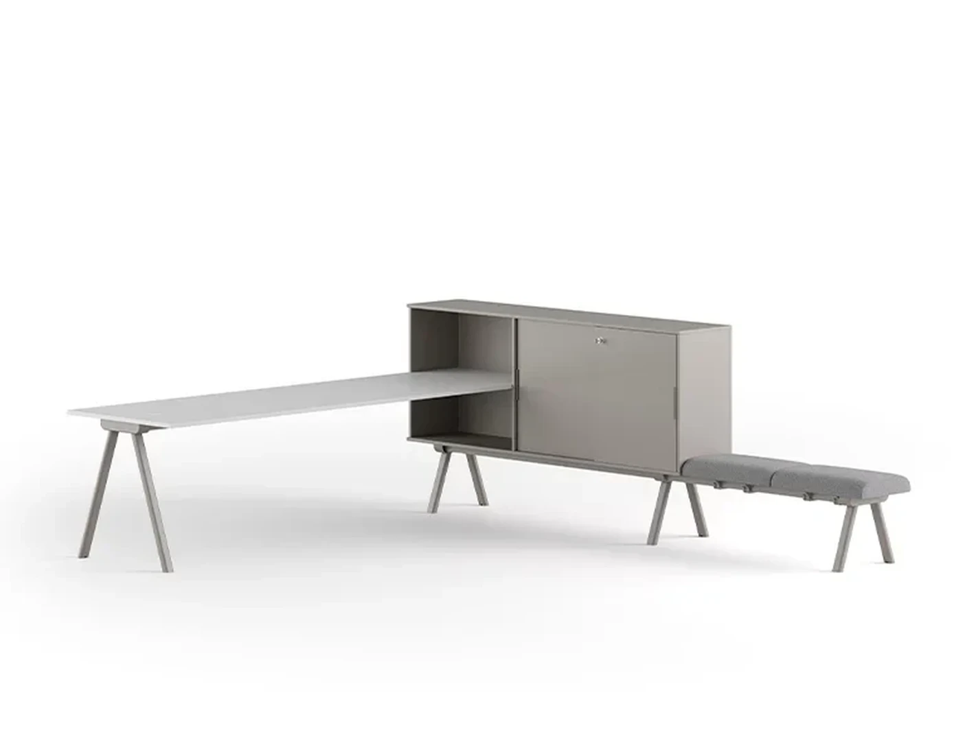 Γραφείο Workstation 2027 Μοντέρνο γραφείο με λευκή επιφάνεια και πράσινη μονάδα αποθήκευσης με ντουλάπι και ράφια σε λευκό φόντο.