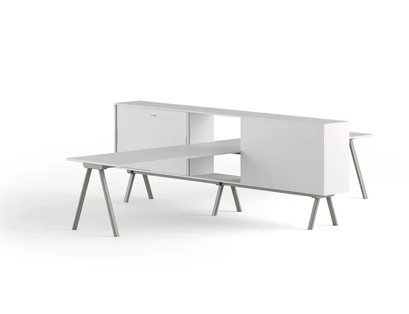 Γραφείο Workstation 2027 Μοντέρνο γραφείο με λευκή επιφάνεια και πράσινη μονάδα αποθήκευσης με ντουλάπι και ράφια σε λευκό φόντο.