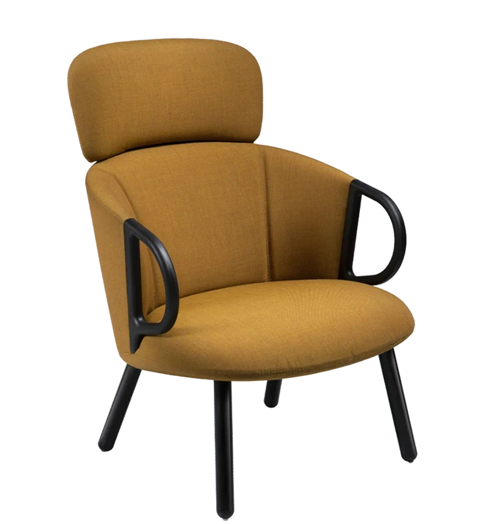 Πολυθρονα Cucaracha Modern upholstered lounge chair in grey fabric with black armrests and wooden legs
