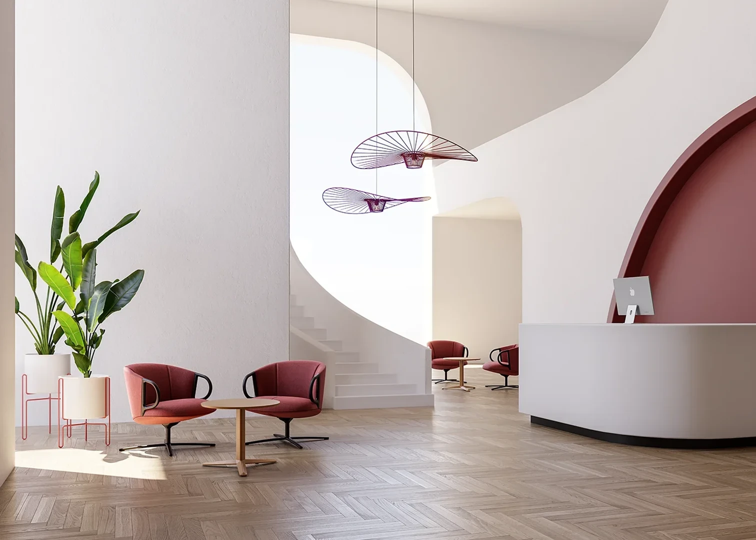 Modern upholstered lounge chair in grey fabric with black armrests and wooden legs