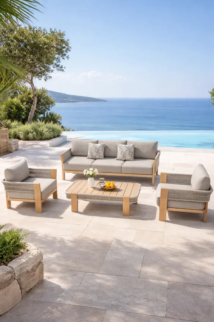 Σετ εξωτερικού σαλονιού με τριθέσιο καναπέ, δύο πολυθρόνες και χαμηλό τραπεζάκι, σε φυσικό ξύλο με πλεκτές λεπτομέρειες και ουδέτερα μαξιλάρια.