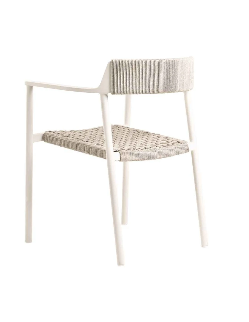 Outdoor dining chair with woven rope seat and backrest in beige frame