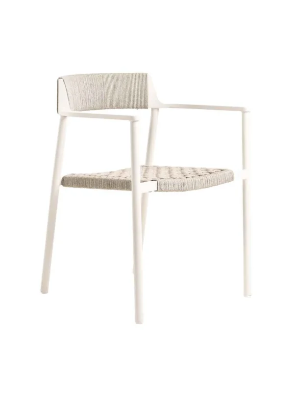 Outdoor dining chair with woven rope seat and backrest in beige frame