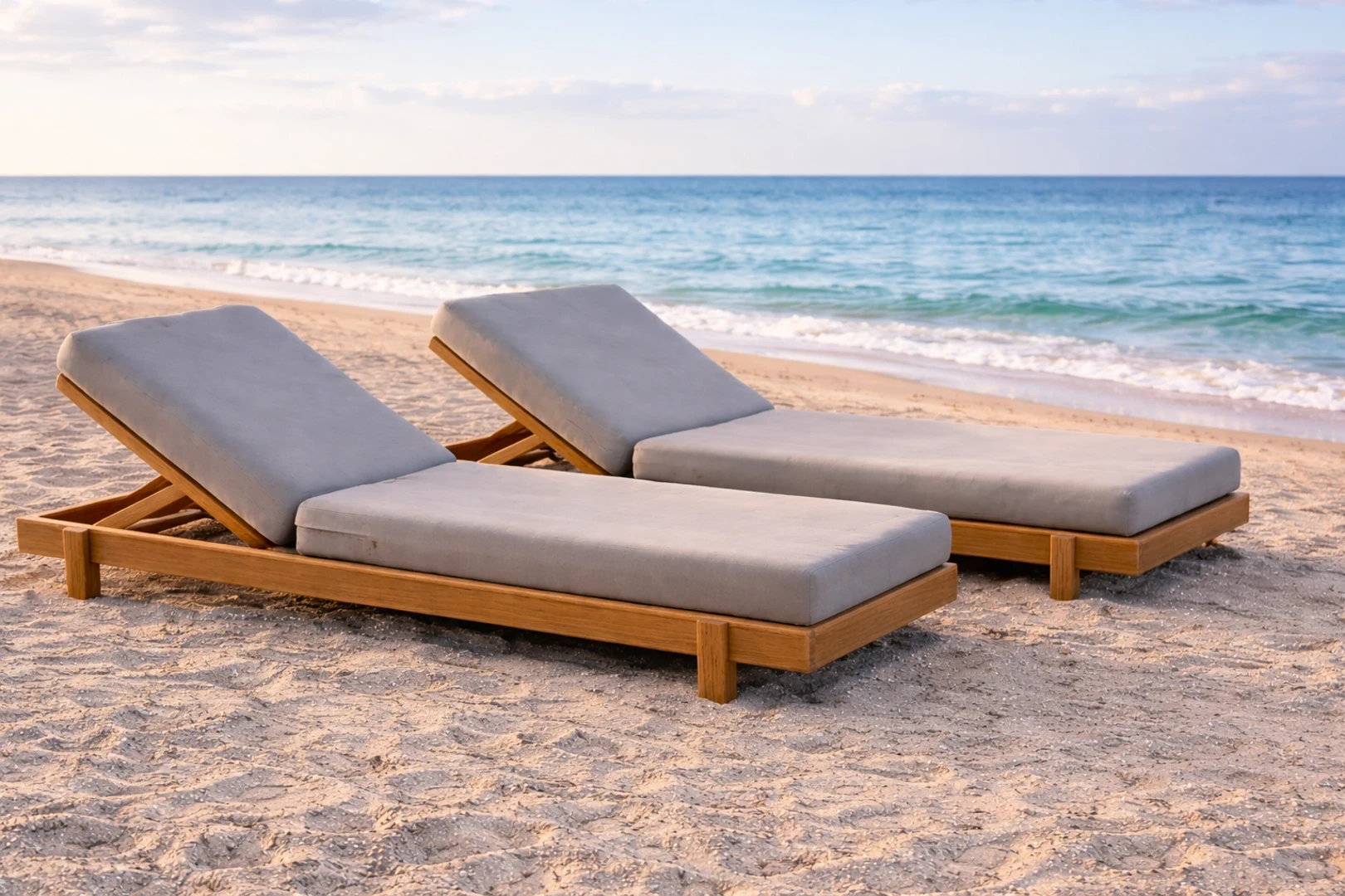 Ξαπλώστρα εξωτερικού χώρου από μασίφ ξύλο με μπεζ μαξιλάρι σε μοντέρνο σχεδιασμό