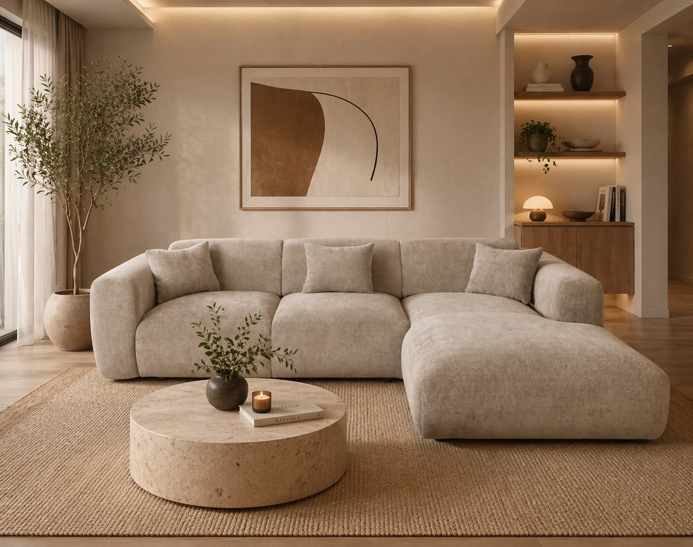Μπεζ γωνιακός καναπές σε μοντέρνο καθιστικό με minimal διακόσμηση, ξύλινα στοιχεία, στρογγυλό τραπεζάκι και ζεστό φωτισμό