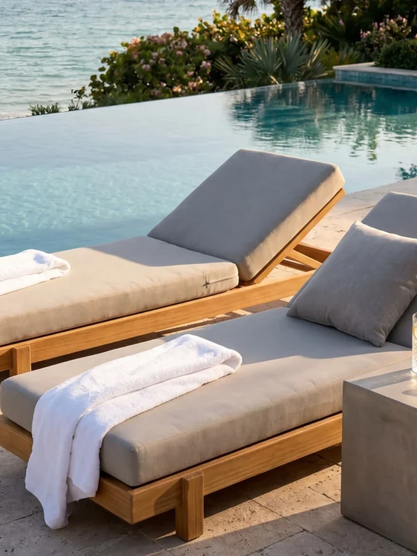 Ξαπλώστρα εξωτερικού χώρου από μασίφ ξύλο με μπεζ μαξιλάρι σε μοντέρνο σχεδιασμό