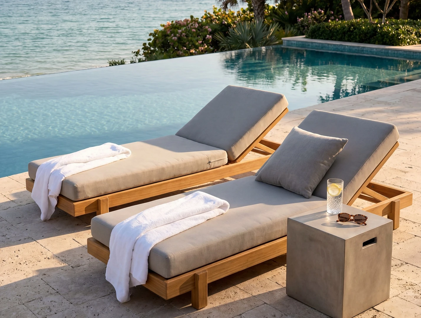 Ξαπλώστρα εξωτερικού χώρου από μασίφ ξύλο με μπεζ μαξιλάρι σε μοντέρνο σχεδιασμό