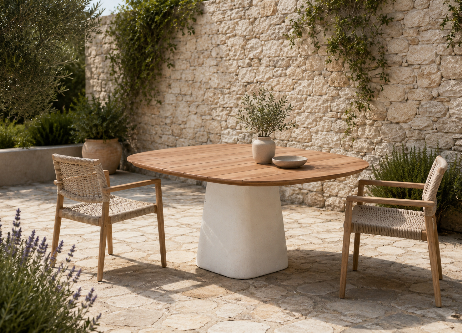 Tiago 160x160 cm outdoor dining table with a natural teak wood top and cement-look pedestal base, styled in a stone courtyard with a natural stone wall.