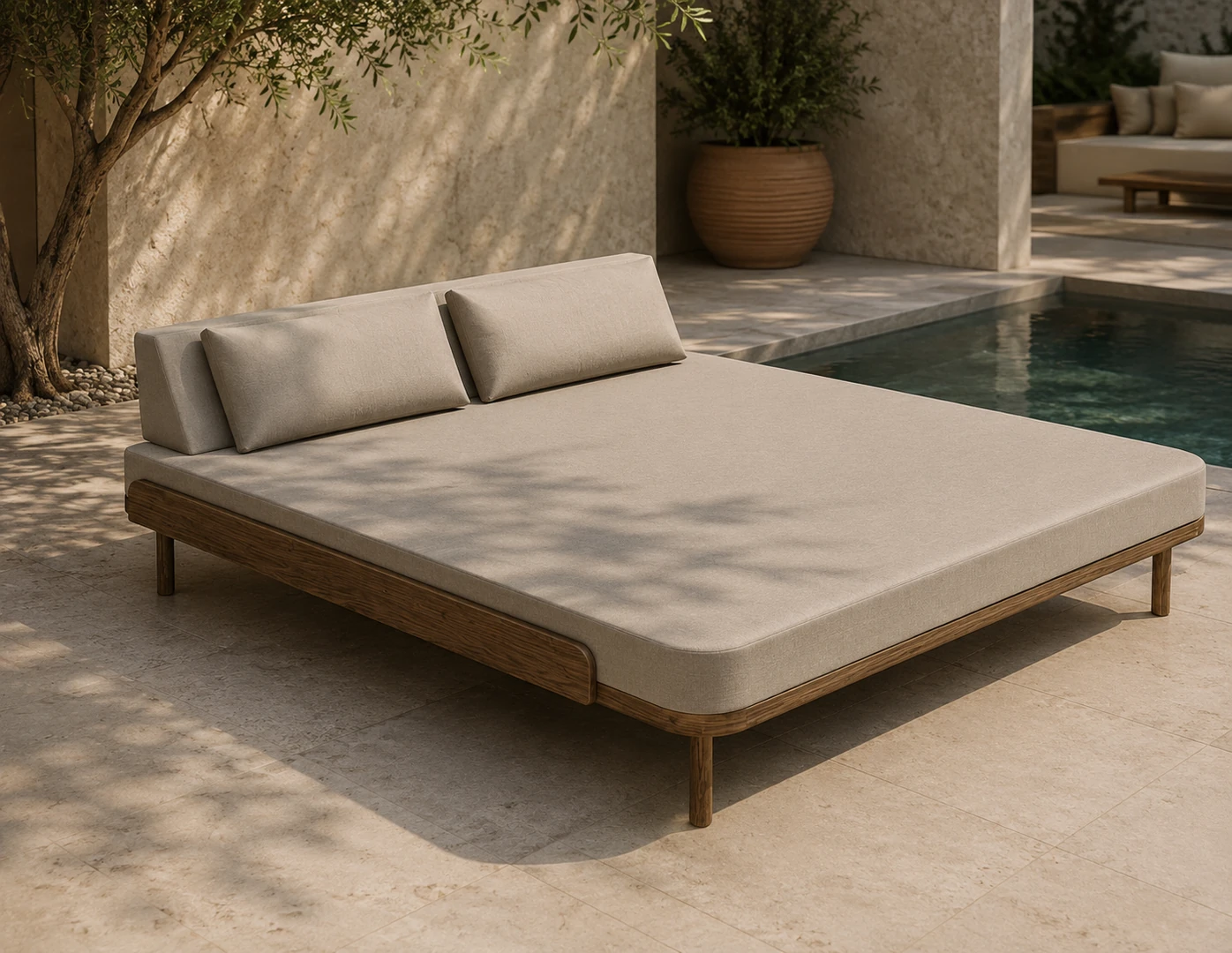 Premium Iroko Sunbed Μονή ξαπλώστρα εξωτερικού χώρου Sunbed IROKO από μασίφ ξύλο Iroko με ανακλινόμενη πλάτη και μπεζ μαξιλάρι.